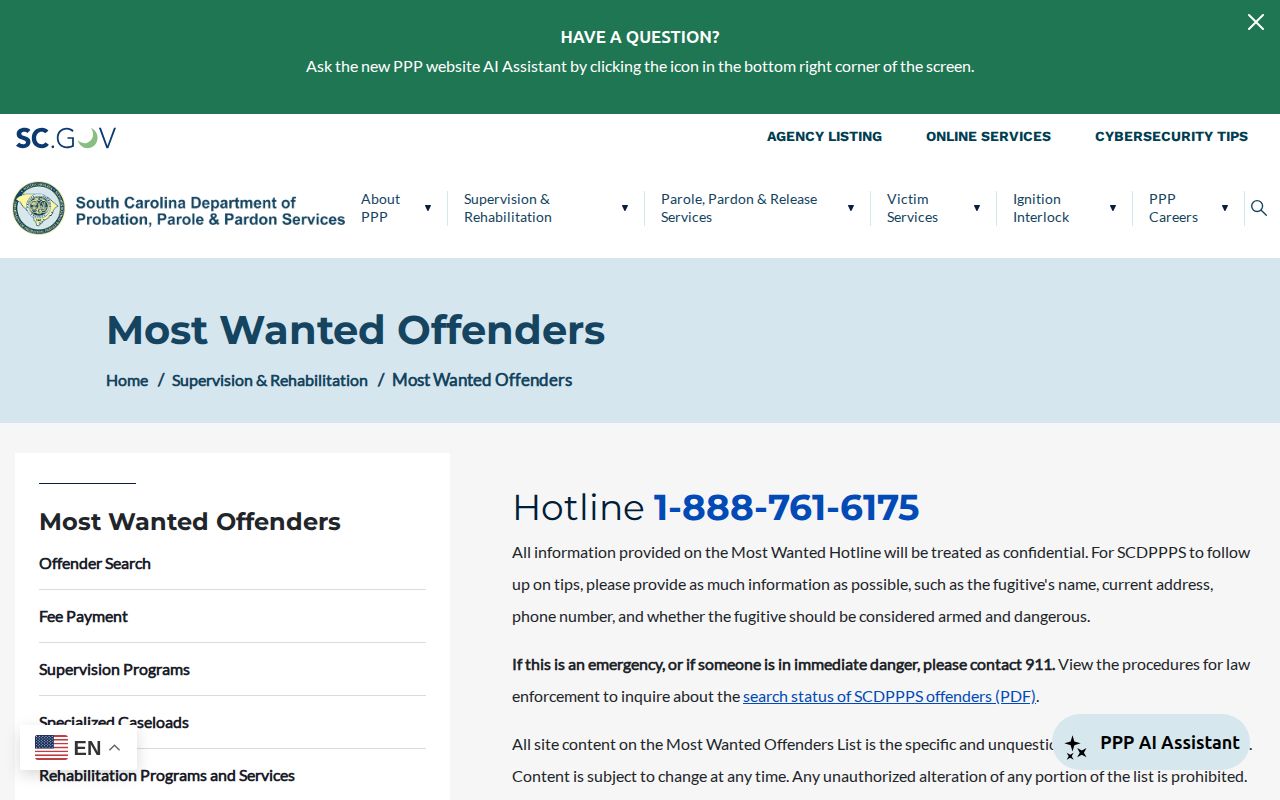 SCDPPPS Most Wanted interface with at-large and captured status labels