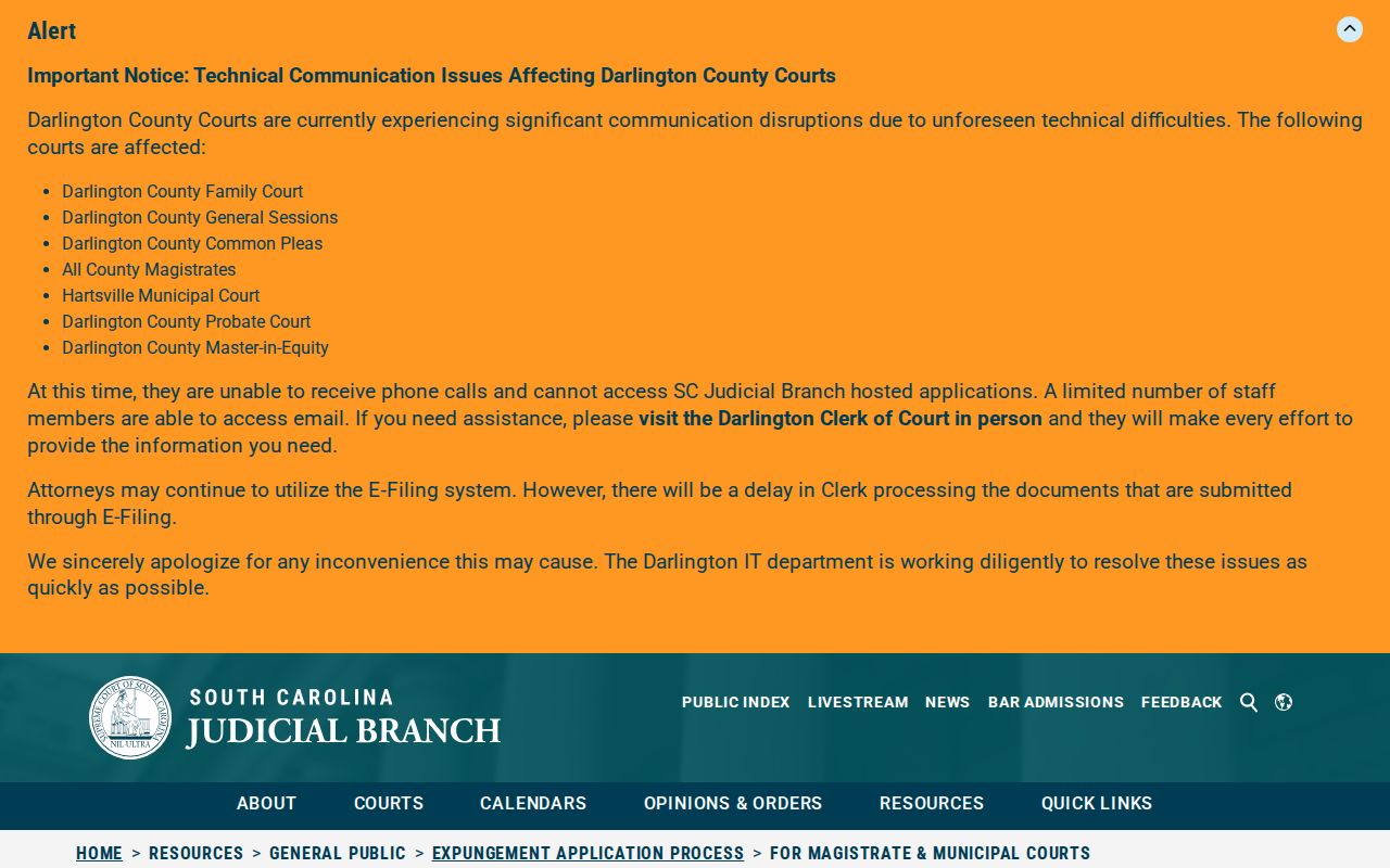 South Carolina summary-court expungement and internet-removal rules