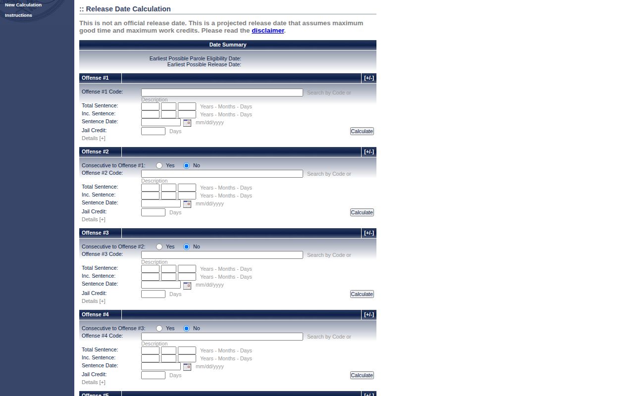 SCDC release date calculator inputs and projection disclaimer
