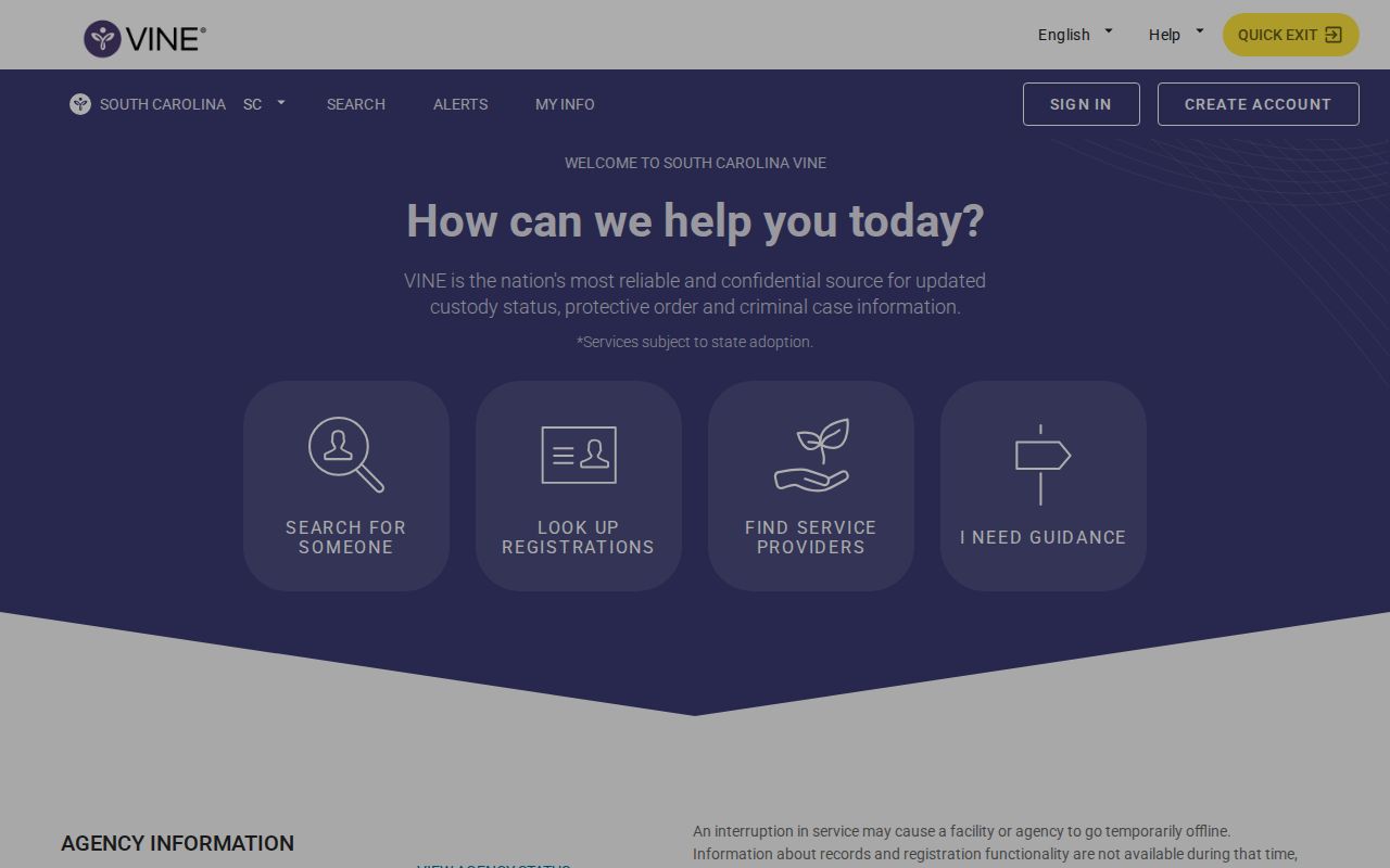 South Carolina VINELink offender search and notification interface