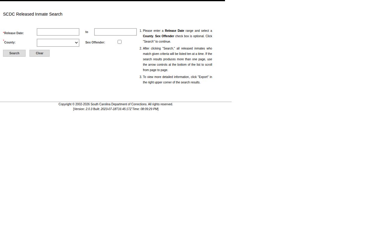 Palmer Pre-Release Center SCDC release search fields