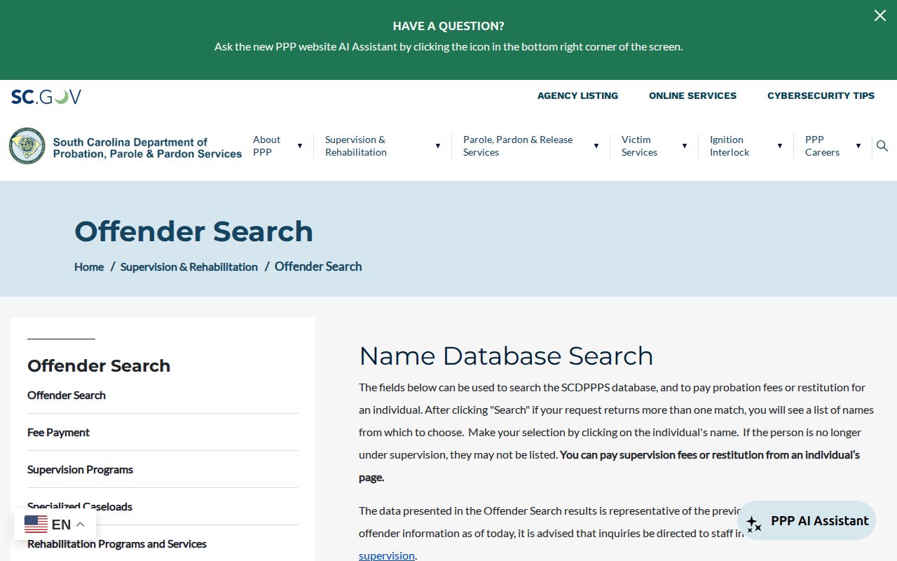 SCDPPPS offender search combinations and prior-day data notice